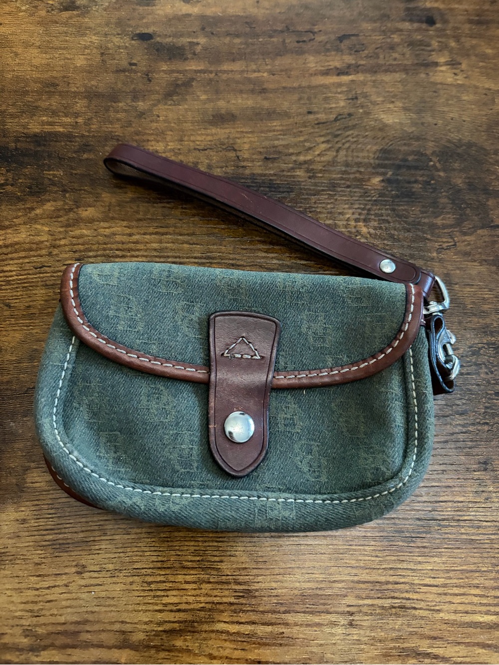 Vintage Dooney & Bourke Wristlet Signature Green Canvas Leather Brown Trim
